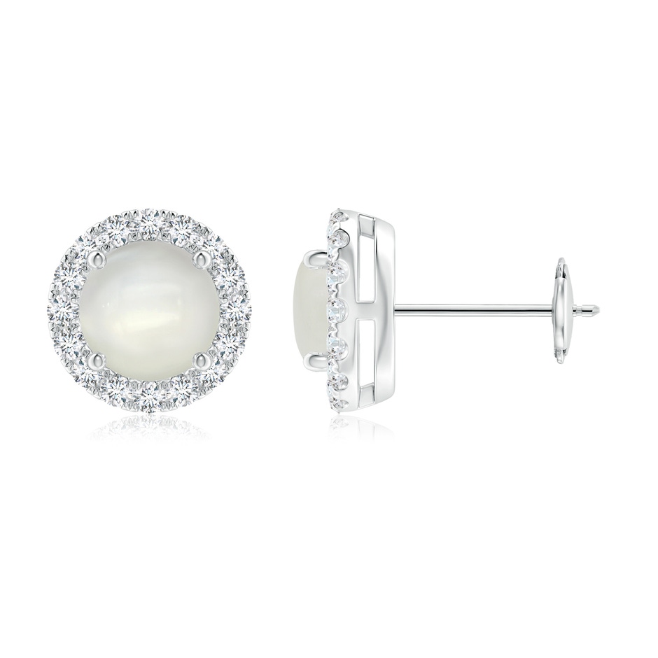 6mm AAAA Claw-Set Moonstone and Diamond Halo Stud Earrings in White Gold 