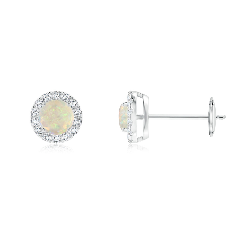 4mm AAA Claw-Set Opal and Diamond Halo Stud Earrings in 9K White Gold