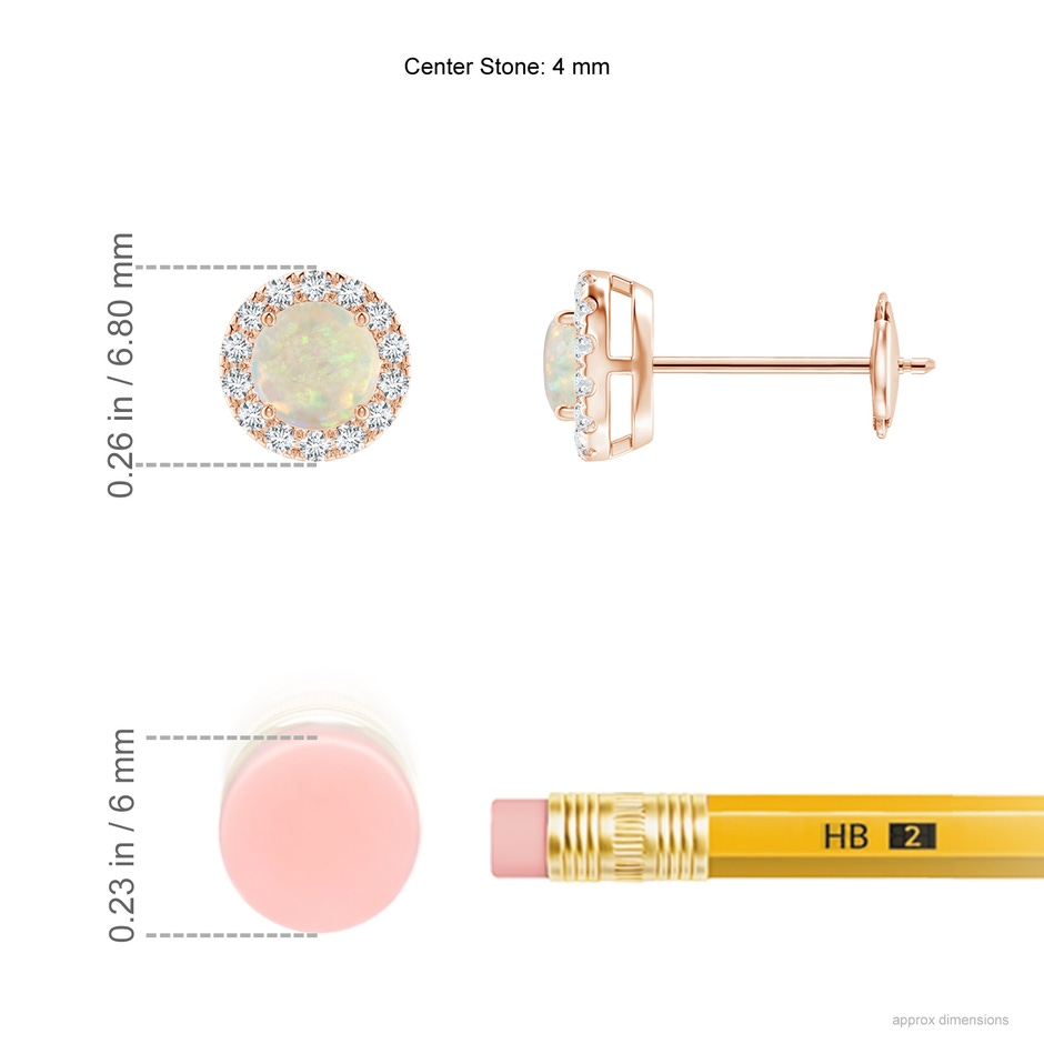 4mm AAA Claw-Set Opal and Diamond Halo Stud Earrings in Rose Gold ruler