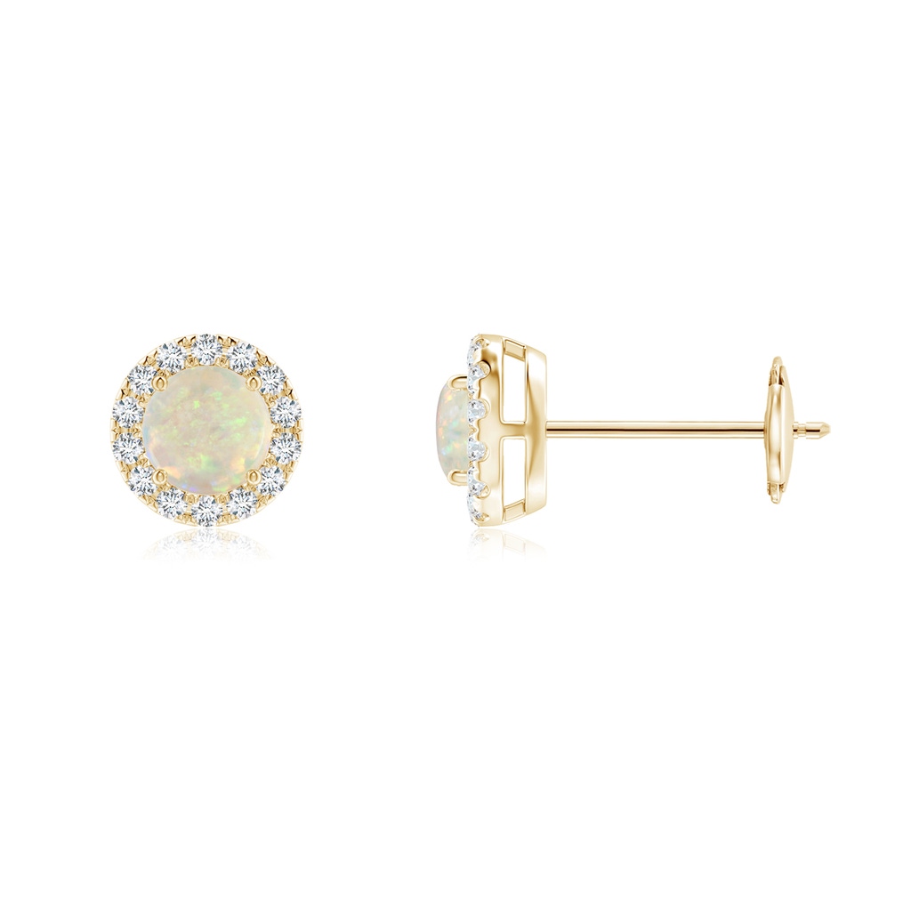 4mm AAA Claw-Set Opal and Diamond Halo Stud Earrings in Yellow Gold