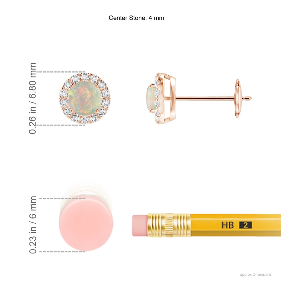 4mm AAAA Claw-Set Opal and Diamond Halo Stud Earrings in Rose Gold ruler