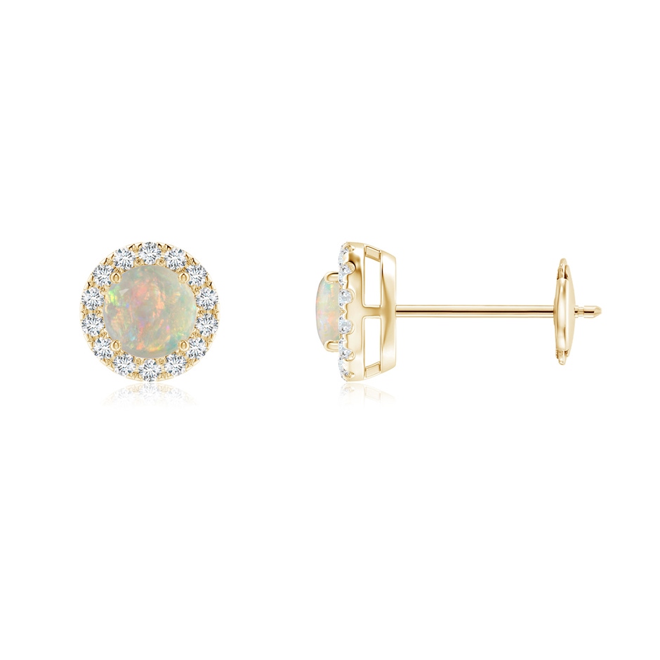 4mm AAAA Claw-Set Opal and Diamond Halo Stud Earrings in Yellow Gold 