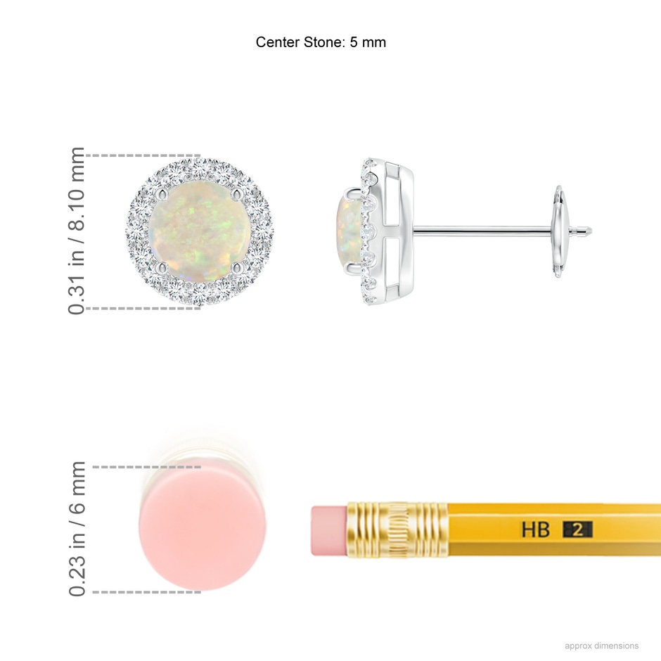 5mm AAA Claw-Set Opal and Diamond Halo Stud Earrings in White Gold ruler