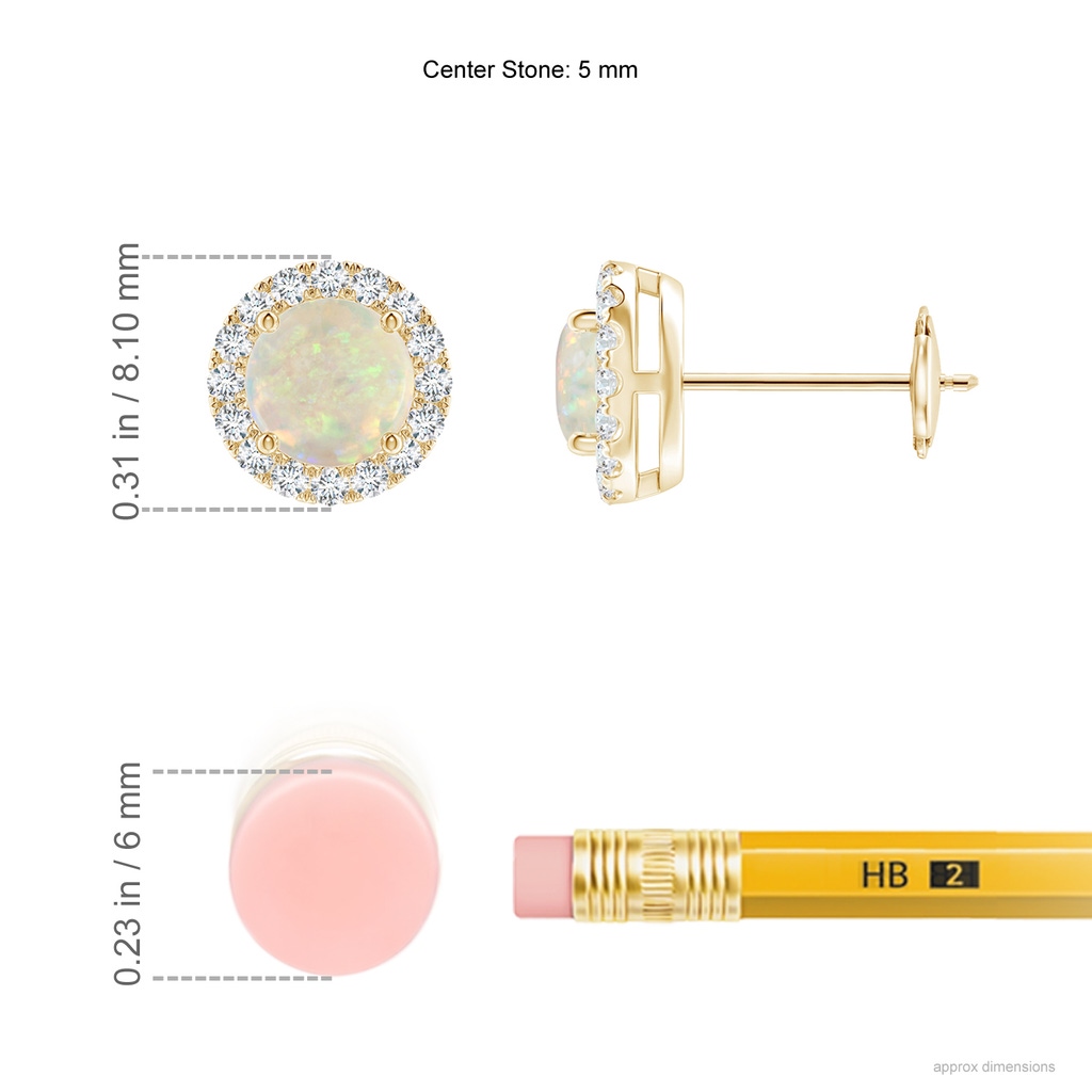 5mm AAA Claw-Set Opal and Diamond Halo Stud Earrings in Yellow Gold Ruler