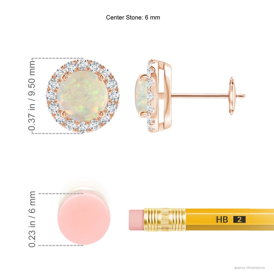 6mm AAA Claw-Set Opal and Diamond Halo Stud Earrings in Rose Gold ruler