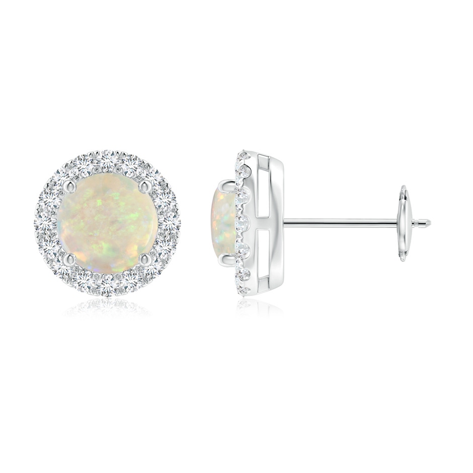 6mm AAA Claw-Set Opal and Diamond Halo Stud Earrings in White Gold 