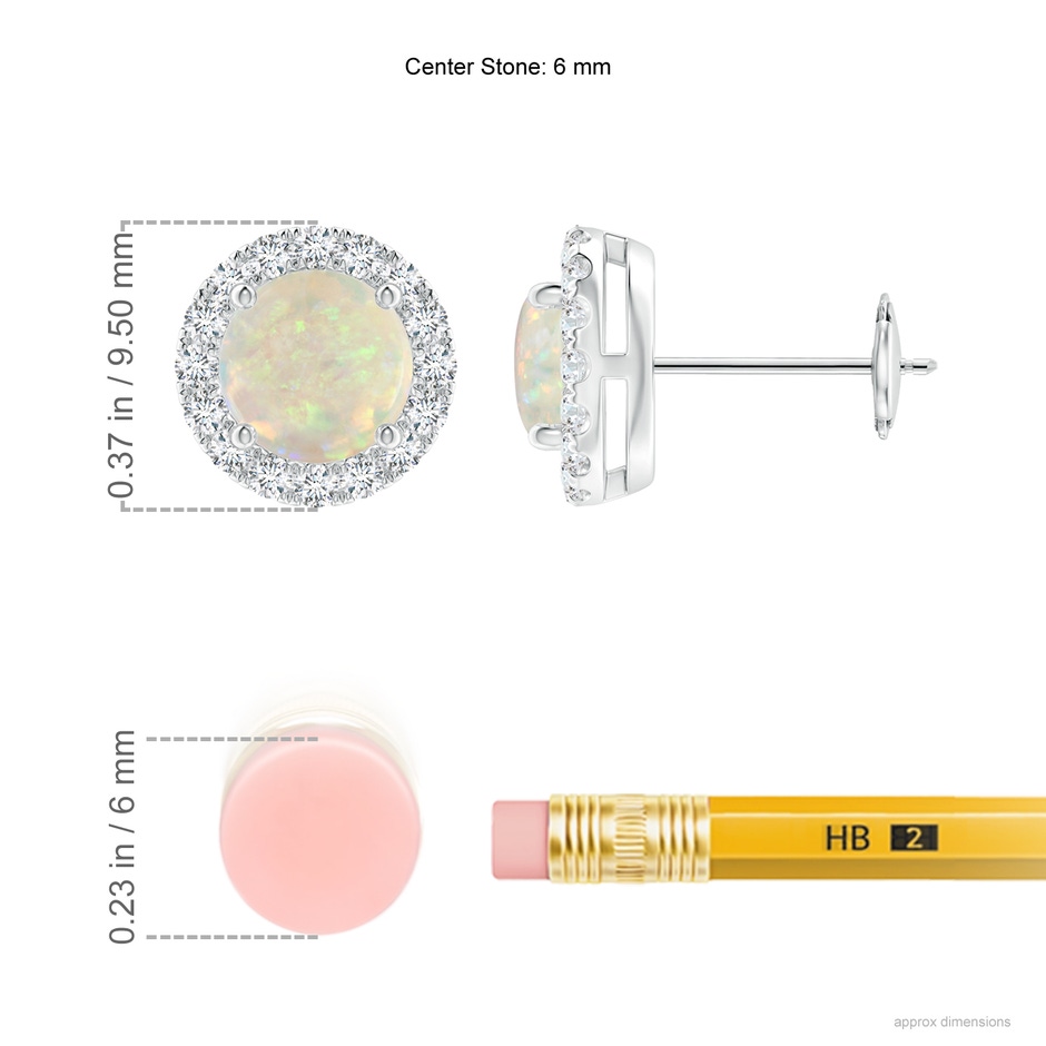 6mm AAA Claw-Set Opal and Diamond Halo Stud Earrings in White Gold ruler