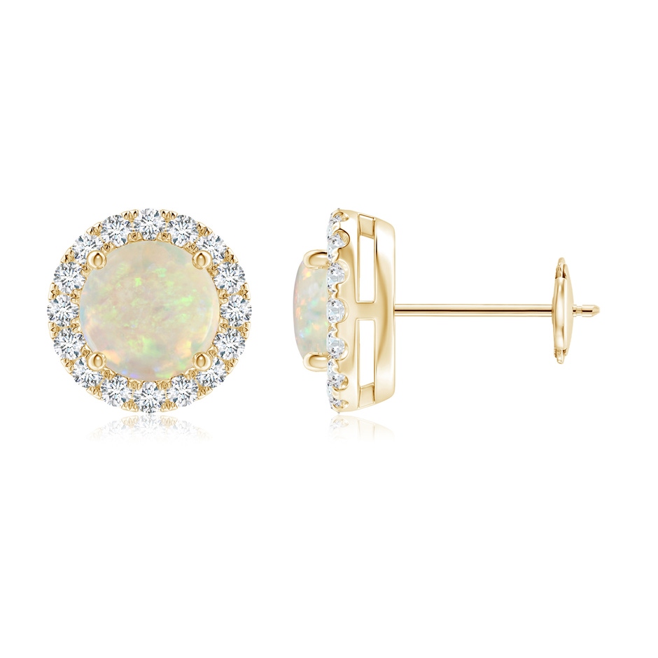 6mm AAA Claw-Set Opal and Diamond Halo Stud Earrings in Yellow Gold 