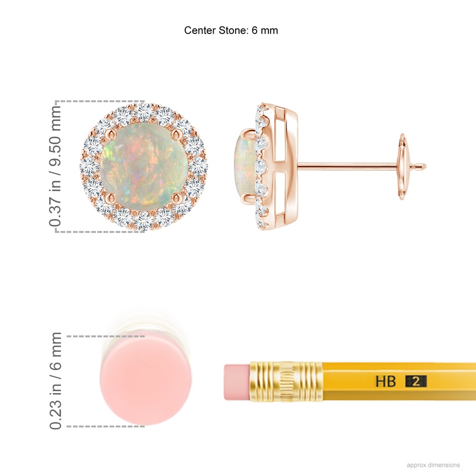 6mm AAAA Claw-Set Opal and Diamond Halo Stud Earrings in Rose Gold ruler