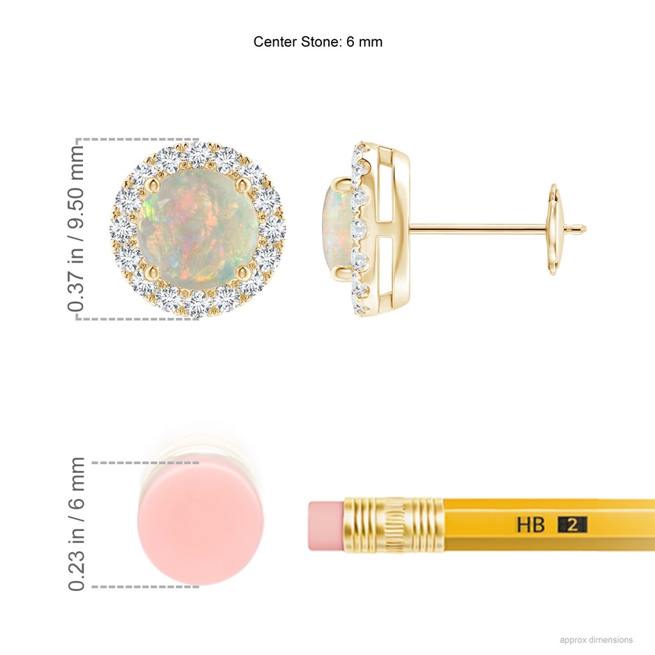 6mm AAAA Claw-Set Opal and Diamond Halo Stud Earrings in Yellow Gold ruler