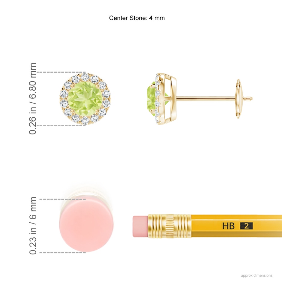 4mm A Claw-Set Peridot and Diamond Halo Stud Earrings in Yellow Gold ruler