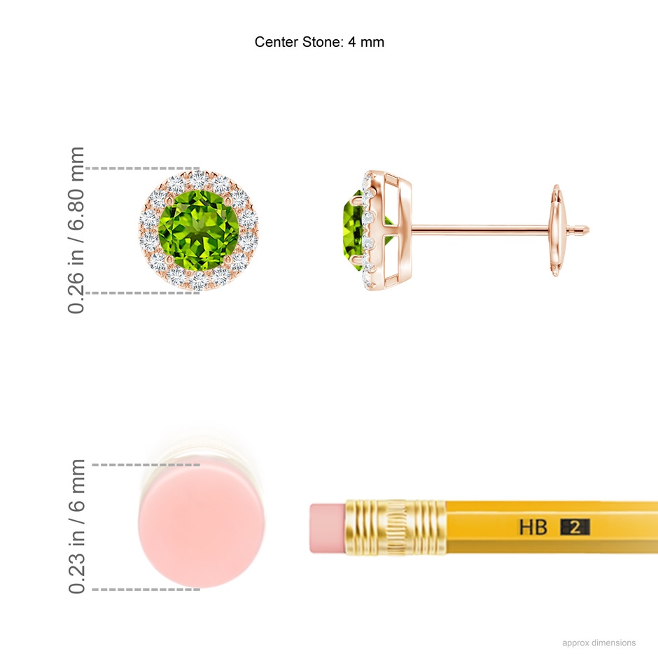 4mm AAAA Claw-Set Peridot and Diamond Halo Stud Earrings in Rose Gold ruler