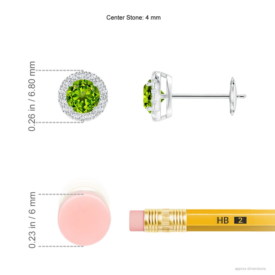 4mm AAAA Claw-Set Peridot and Diamond Halo Stud Earrings in White Gold ruler
