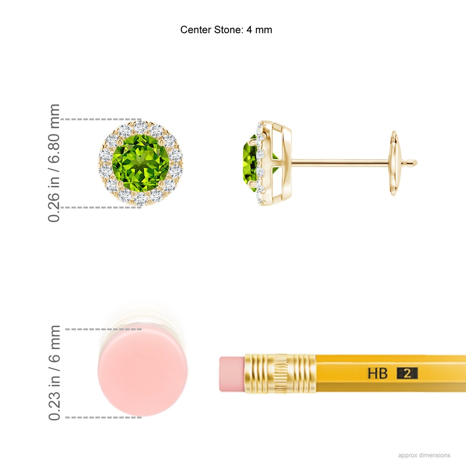 4mm AAAA Claw-Set Peridot and Diamond Halo Stud Earrings in Yellow Gold ruler