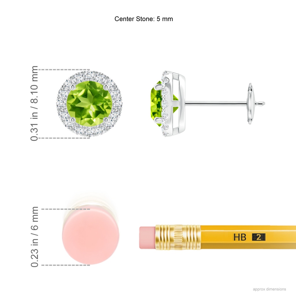 5mm AAA Claw-Set Peridot and Diamond Halo Stud Earrings in White Gold Ruler