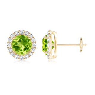6mm AAA Claw-Set Peridot and Diamond Halo Stud Earrings in 10K Yellow Gold