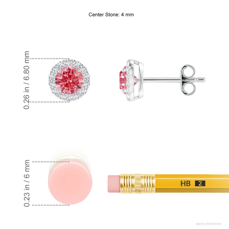 4mm AAAA Prong-Set Fancy Intense Pink and White Diamond Halo Stud Earrings in P950 Platinum ruler