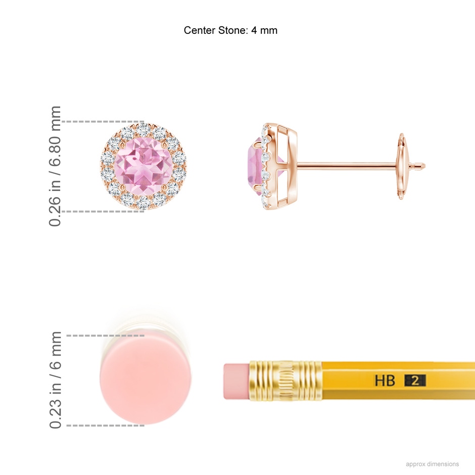 4mm A Claw-Set Pink Tourmaline and Diamond Halo Stud Earrings in Rose Gold ruler