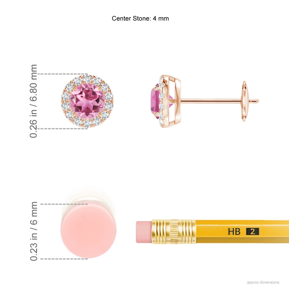 4mm AAA Claw-Set Pink Tourmaline and Diamond Halo Stud Earrings in Rose Gold ruler