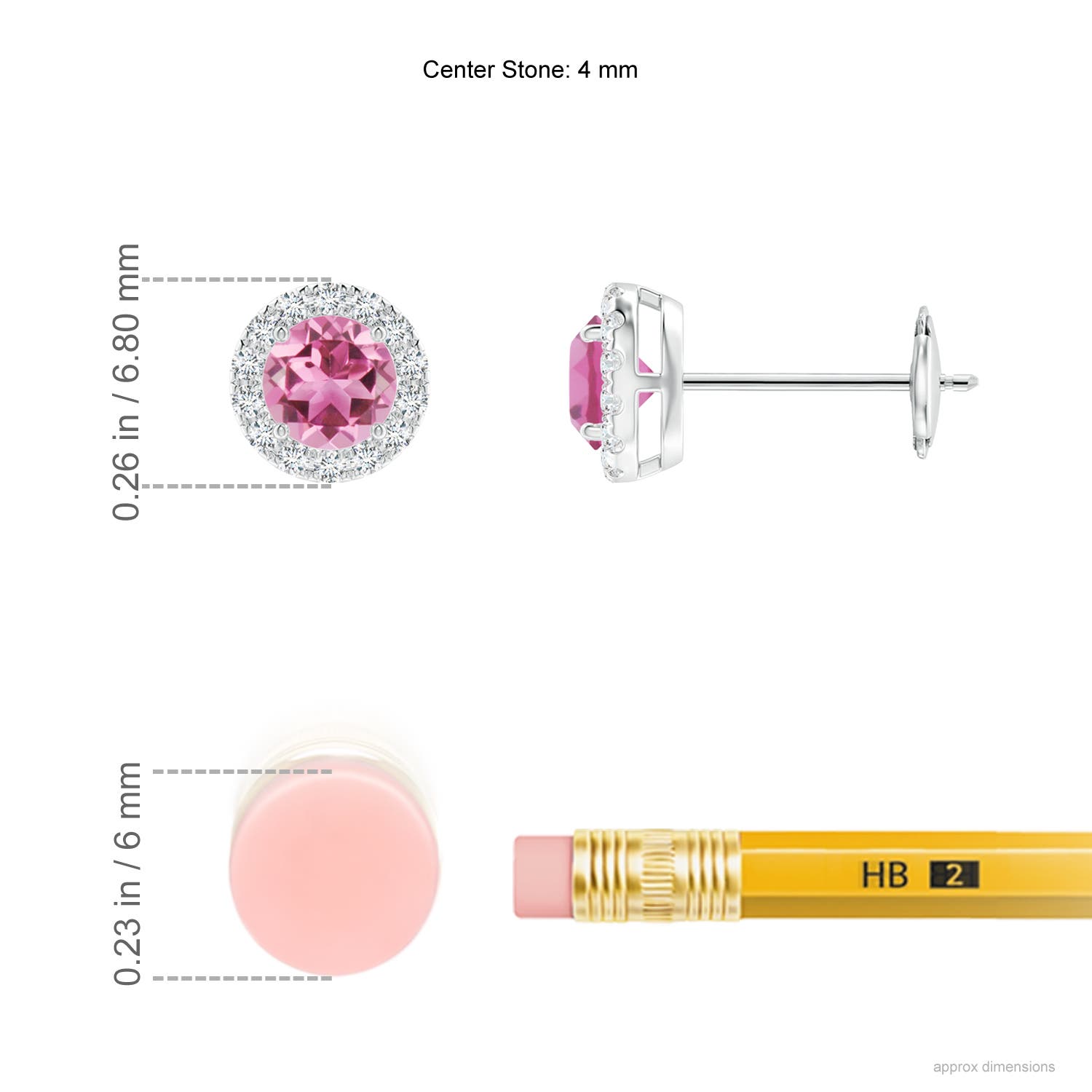 4mm AAA Claw-Set Pink Tourmaline and Diamond Halo Stud Earrings in White Gold - ruler