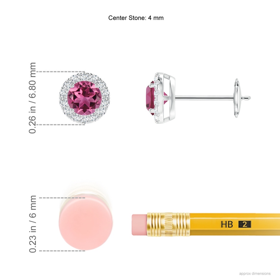 4mm AAAA Claw-Set Pink Tourmaline and Diamond Halo Stud Earrings in White Gold ruler