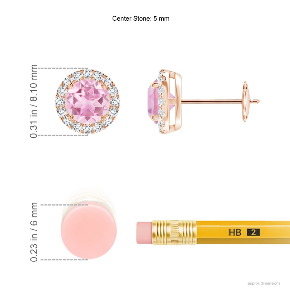 5mm A Claw-Set Pink Tourmaline and Diamond Halo Stud Earrings in Rose Gold ruler