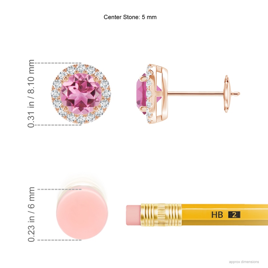 5mm AAA Claw-Set Pink Tourmaline and Diamond Halo Stud Earrings in Rose Gold ruler