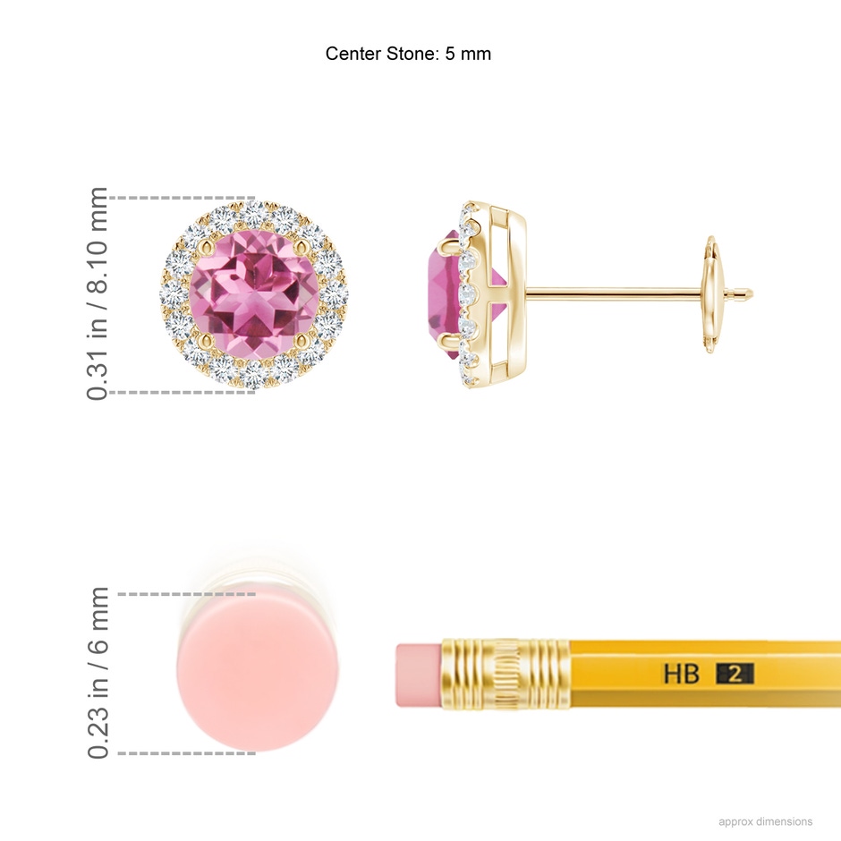 5mm AAA Claw-Set Pink Tourmaline and Diamond Halo Stud Earrings in Yellow Gold ruler