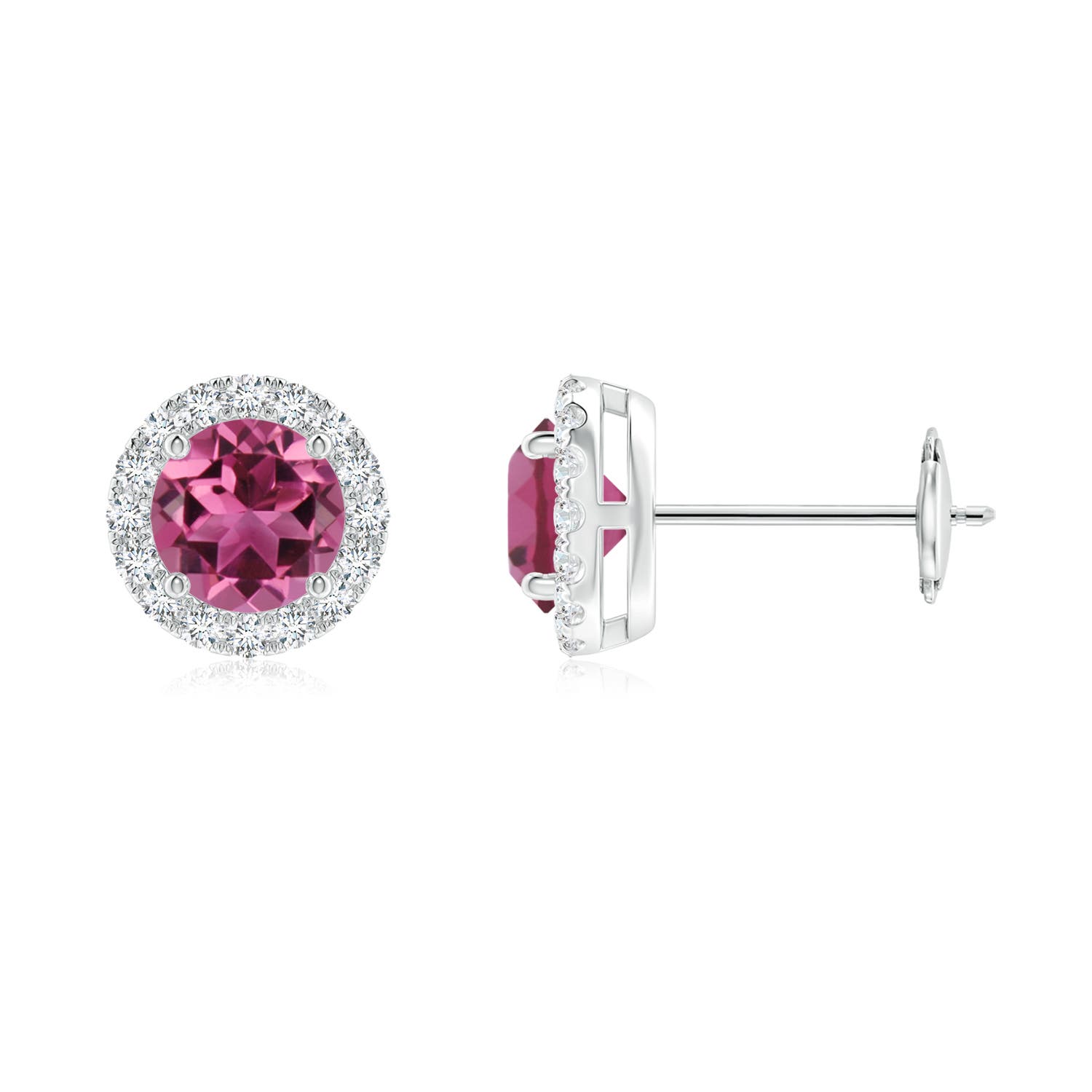 5mm AAAA Claw-Set Pink Tourmaline and Diamond Halo Stud Earrings in White Gold