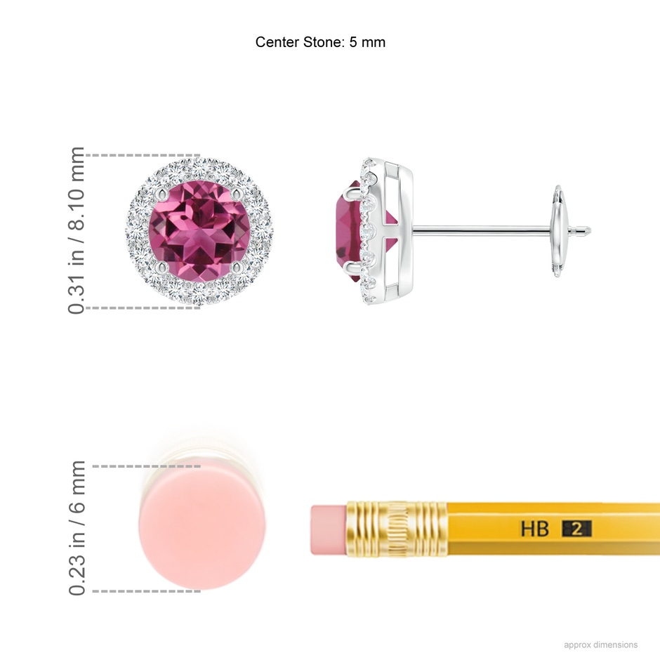 5mm AAAA Claw-Set Pink Tourmaline and Diamond Halo Stud Earrings in White Gold ruler
