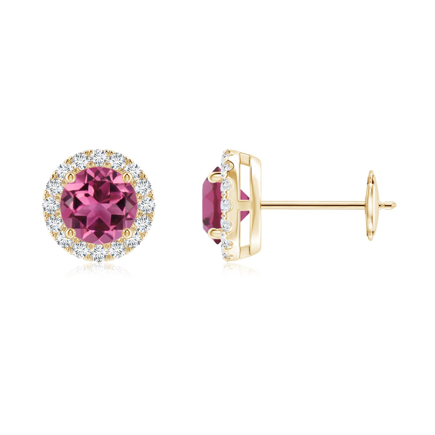 5mm AAAA Claw-Set Pink Tourmaline and Diamond Halo Stud Earrings in Yellow Gold
