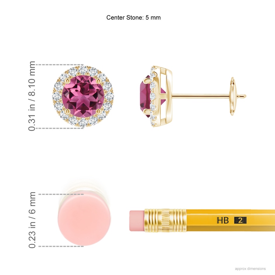 5mm AAAA Claw-Set Pink Tourmaline and Diamond Halo Stud Earrings in Yellow Gold ruler