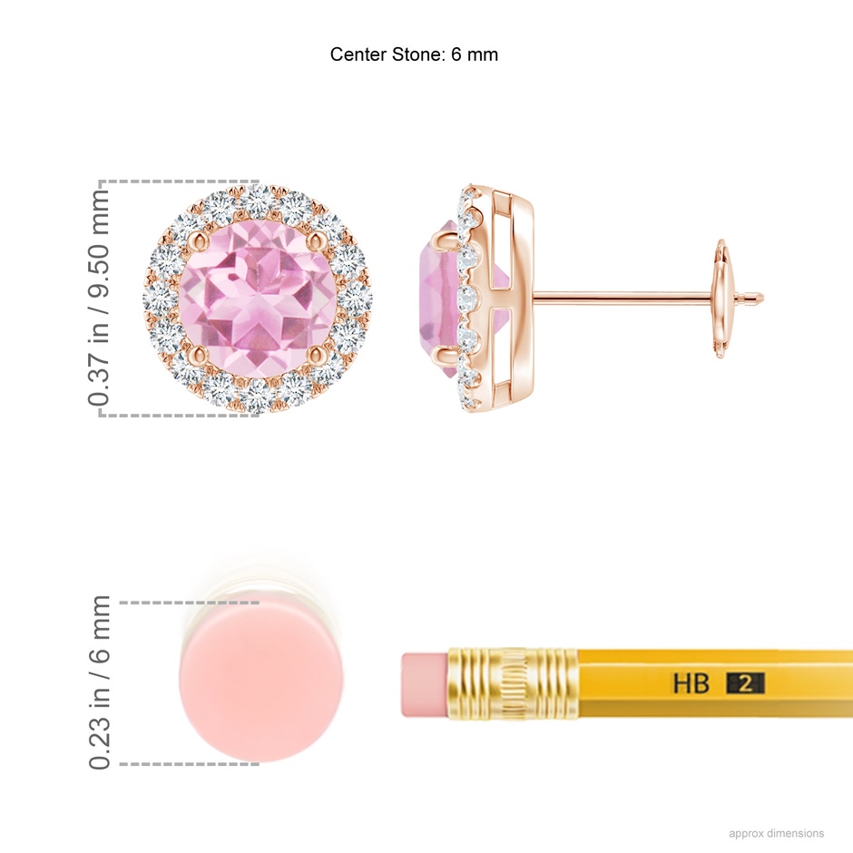 6mm A Claw-Set Pink Tourmaline and Diamond Halo Stud Earrings in Rose Gold ruler