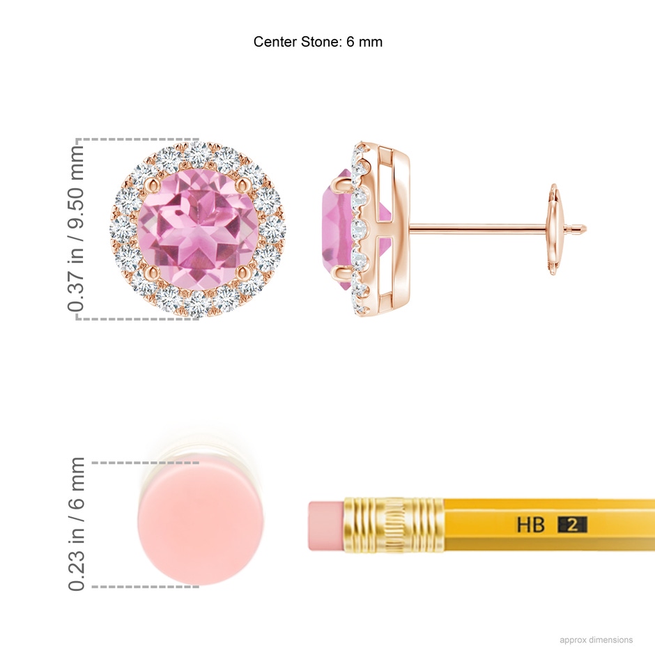 6mm AA Claw-Set Pink Tourmaline and Diamond Halo Stud Earrings in Rose Gold ruler