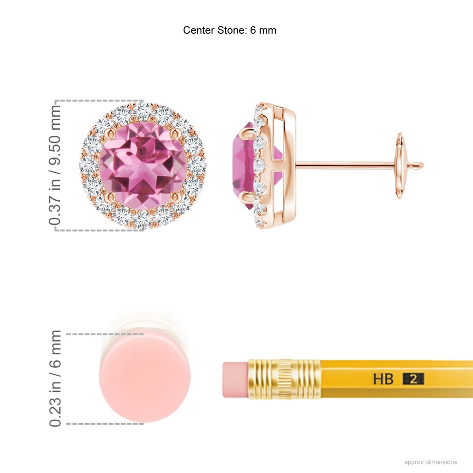 6mm AAA Claw-Set Pink Tourmaline and Diamond Halo Stud Earrings in Rose Gold ruler