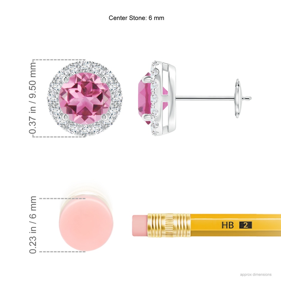 6mm AAA Claw-Set Pink Tourmaline and Diamond Halo Stud Earrings in White Gold ruler