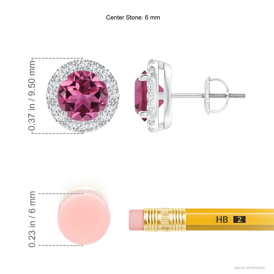 6mm AAAA Claw-Set Pink Tourmaline and Diamond Halo Stud Earrings in P950 Platinum ruler