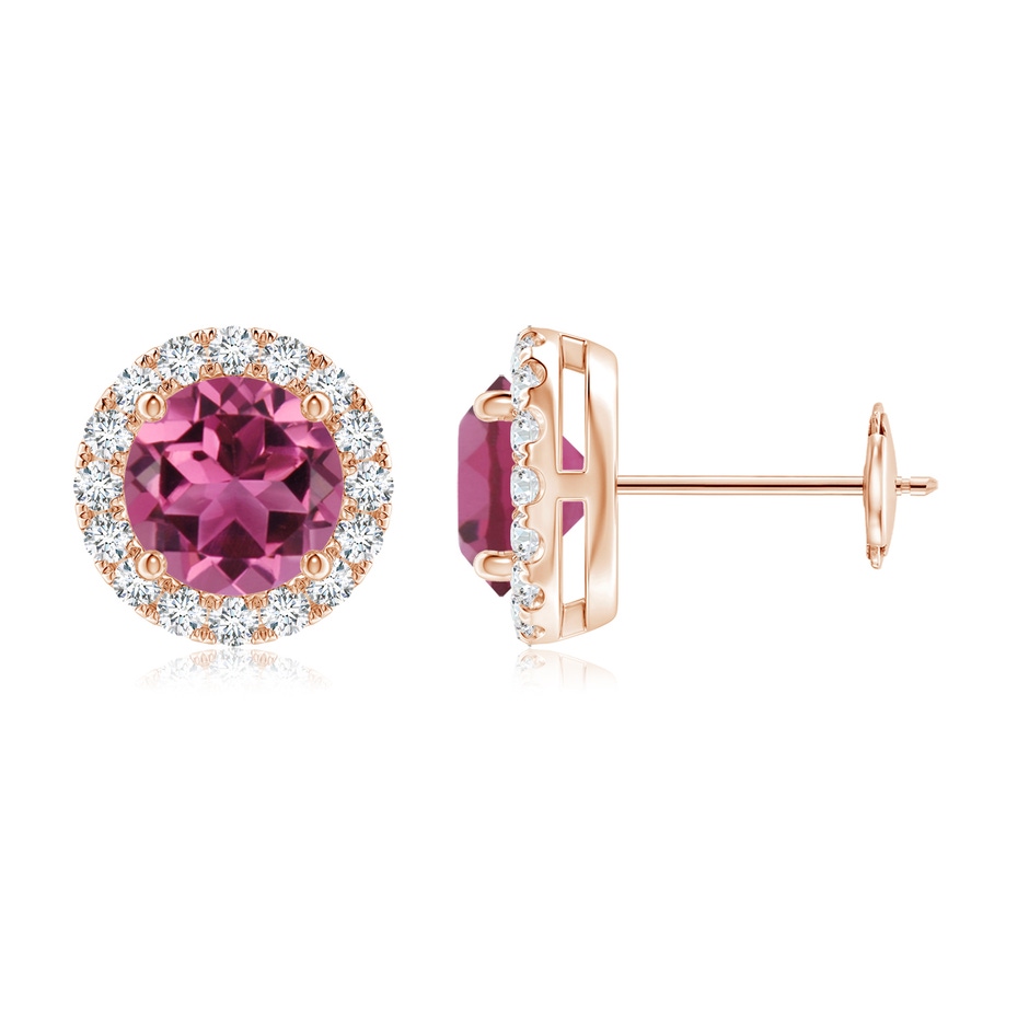 6mm AAAA Claw-Set Pink Tourmaline and Diamond Halo Stud Earrings in Rose Gold 
