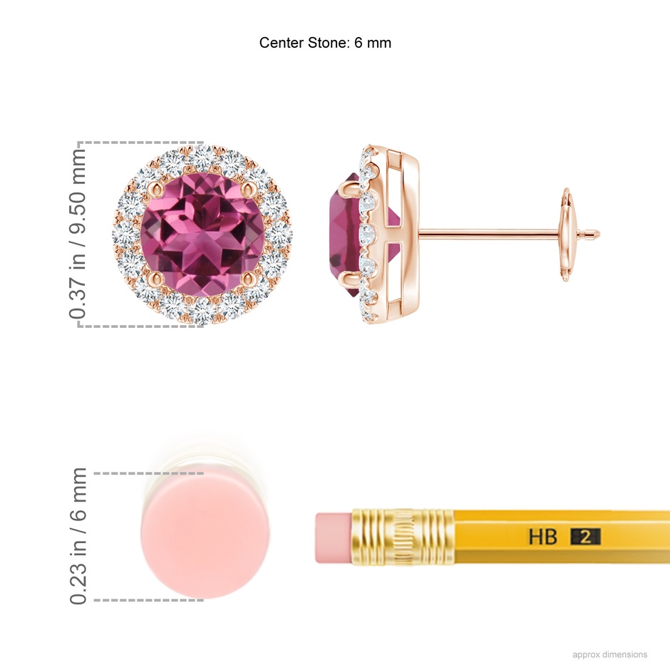 6mm AAAA Claw-Set Pink Tourmaline and Diamond Halo Stud Earrings in Rose Gold ruler