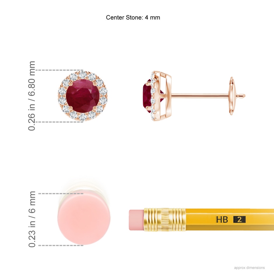 4mm A Claw-Set Ruby and Diamond Halo Stud Earrings in Rose Gold ruler