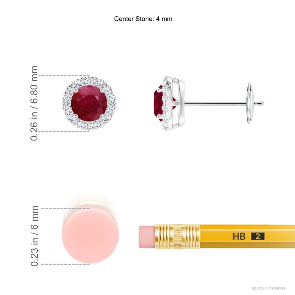 4mm A Claw-Set Ruby and Diamond Halo Stud Earrings in White Gold ruler