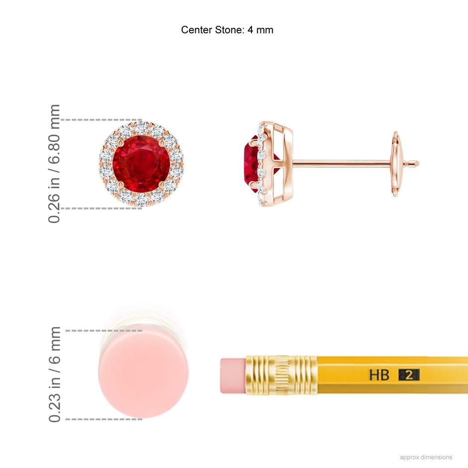 4mm AAA Claw-Set Ruby and Diamond Halo Stud Earrings in Rose Gold ruler