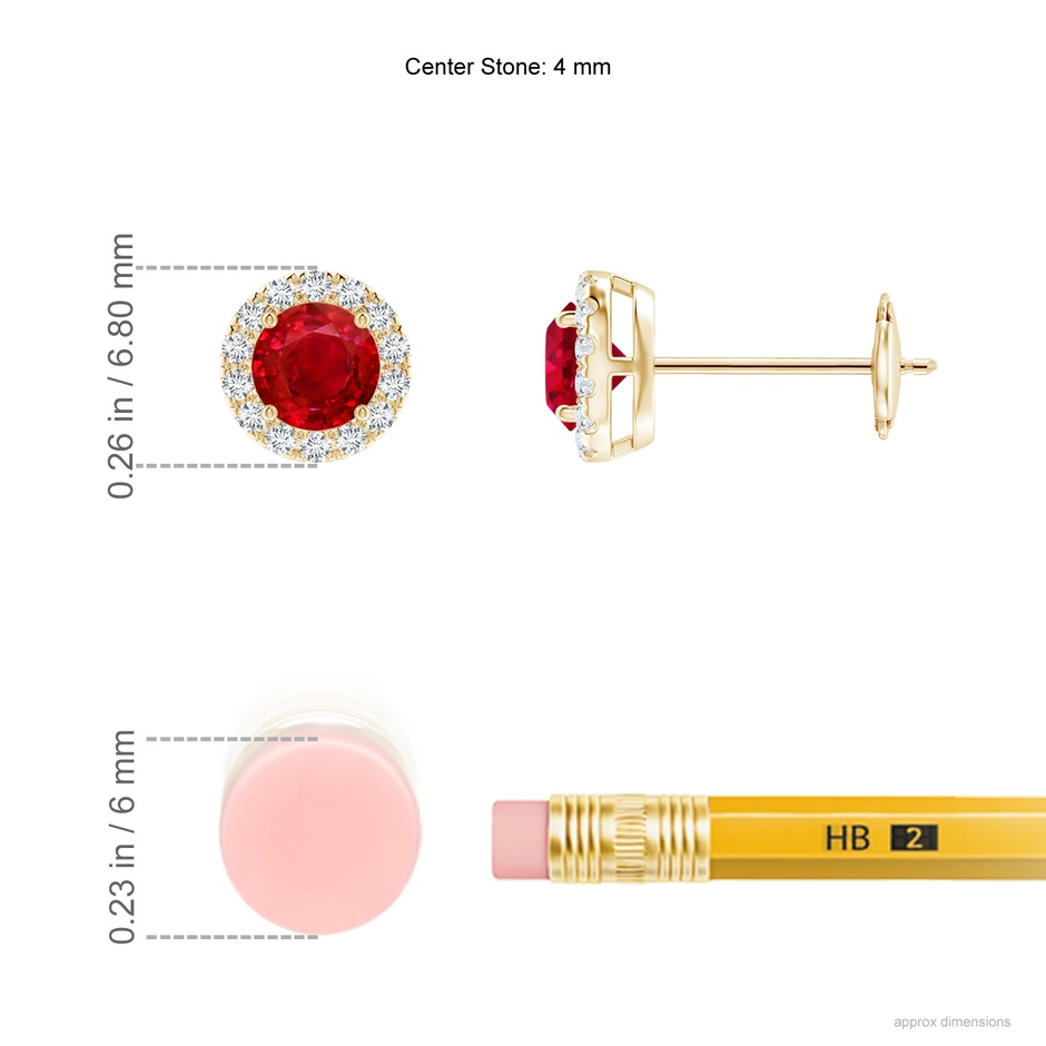 4mm AAA Claw-Set Ruby and Diamond Halo Stud Earrings in Yellow Gold ruler