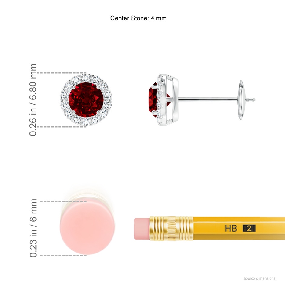 4mm Lab-Grown Claw-Set Ruby and Diamond Halo Stud Earrings in White Gold ruler