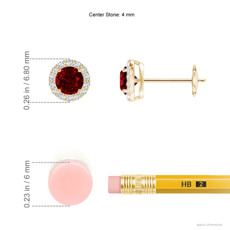 4mm AAAA Claw-Set Ruby and Diamond Halo Stud Earrings in Yellow Gold ruler