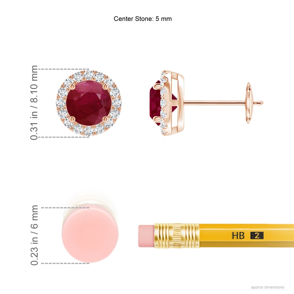 5mm A Claw-Set Ruby and Diamond Halo Stud Earrings in Rose Gold ruler