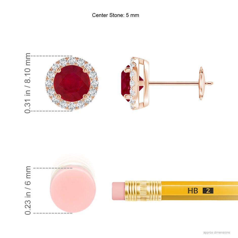 5mm AA Claw-Set Ruby and Diamond Halo Stud Earrings in Rose Gold ruler