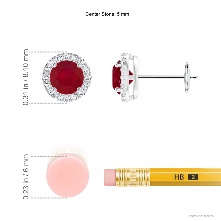 5mm AA Claw-Set Ruby and Diamond Halo Stud Earrings in White Gold ruler