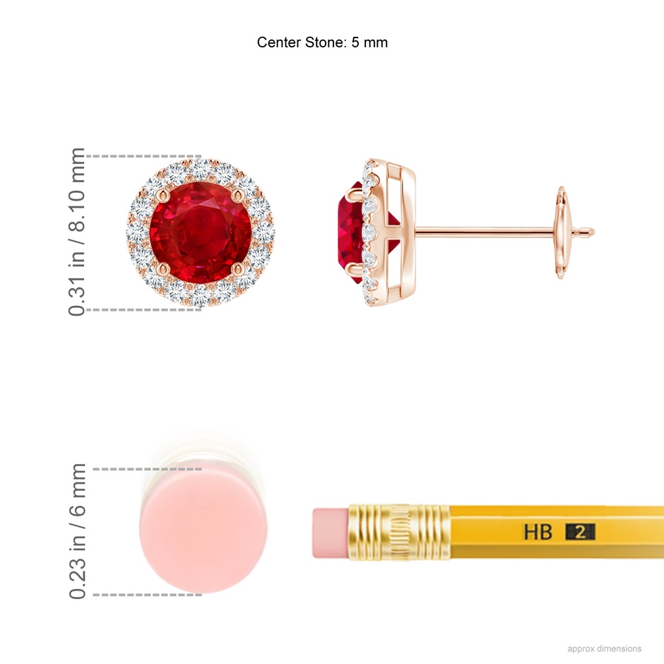 5mm AAA Claw-Set Ruby and Diamond Halo Stud Earrings in Rose Gold ruler