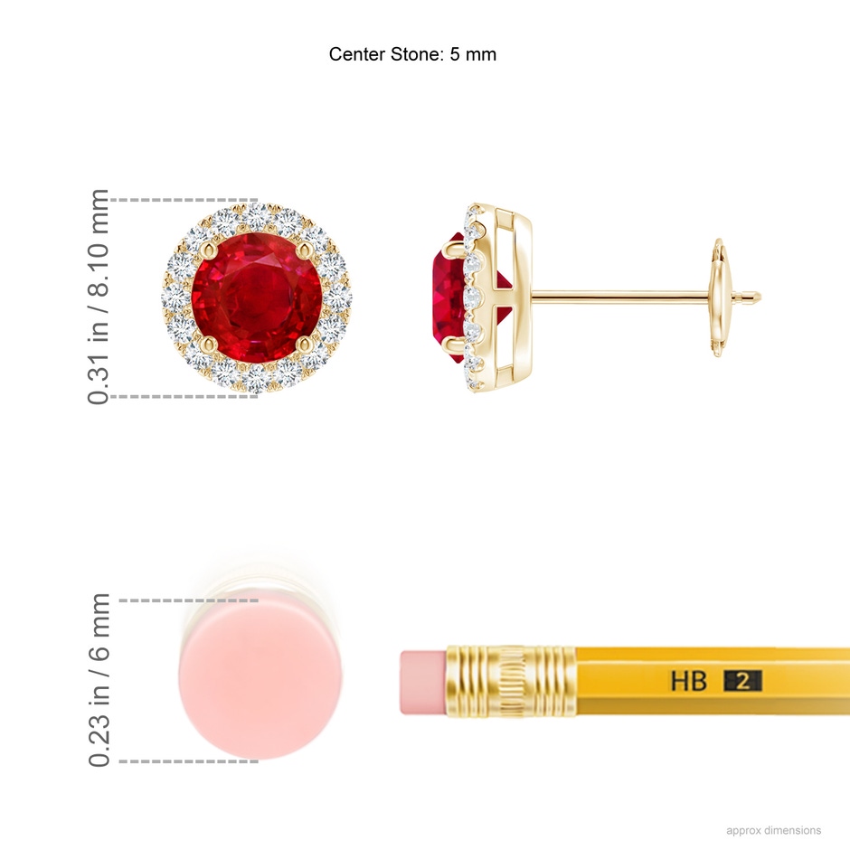 5mm AAA Claw-Set Ruby and Diamond Halo Stud Earrings in Yellow Gold ruler